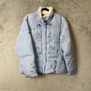 Frost Blue Faux Fur Collar Embroidered Down Puffer Jacket Small Nordic Winter